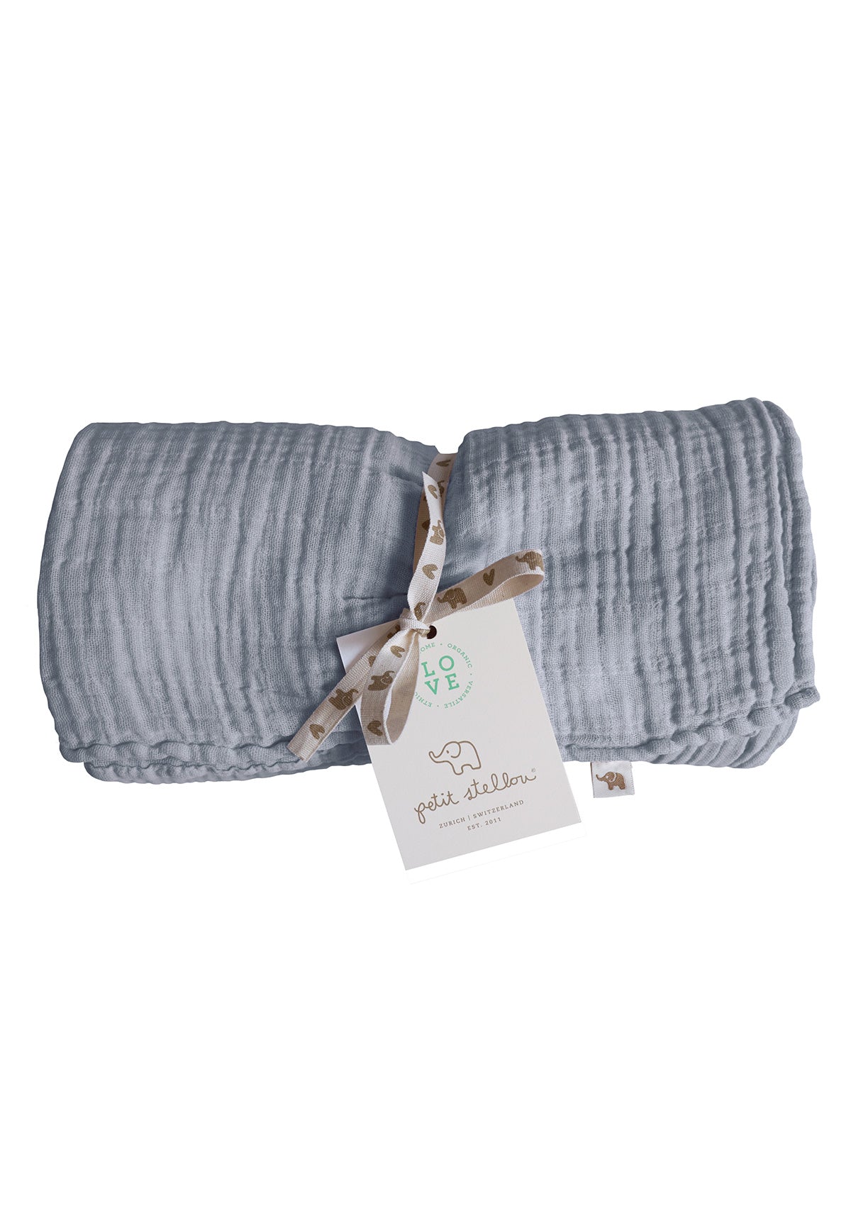 Grosse Baumwolldecke aus Musselinstoff für die ganze FamilieNOOSHI Blanket Elephant blaugrau