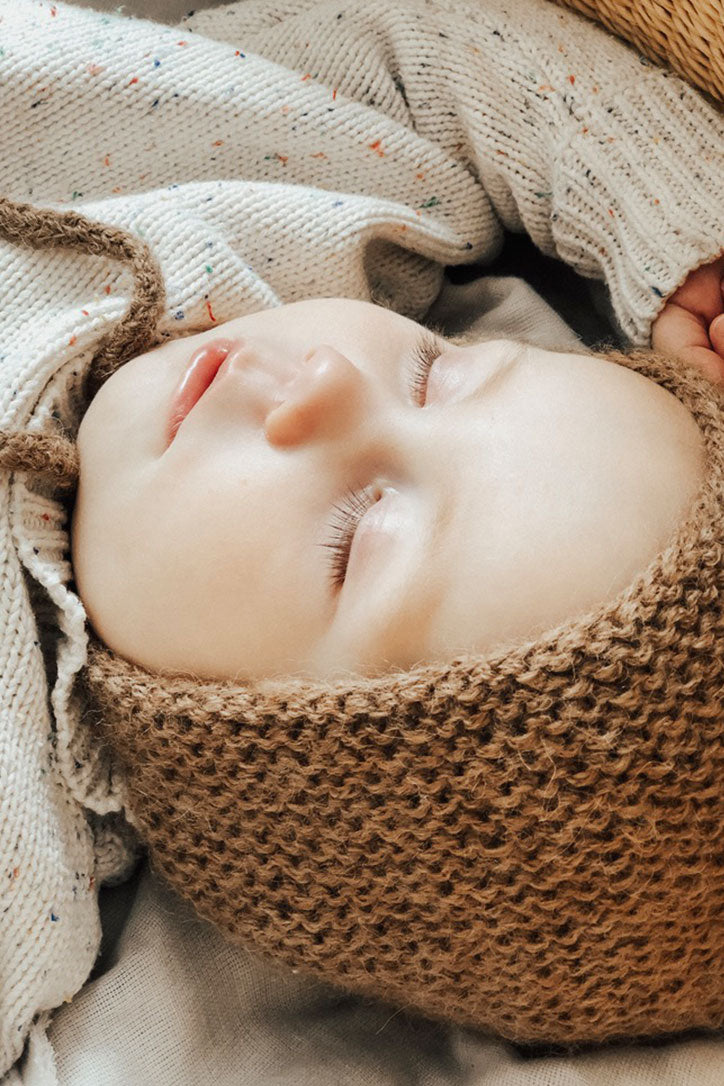 petit stellou knitted alpaca wool baby bonnet nutmeg